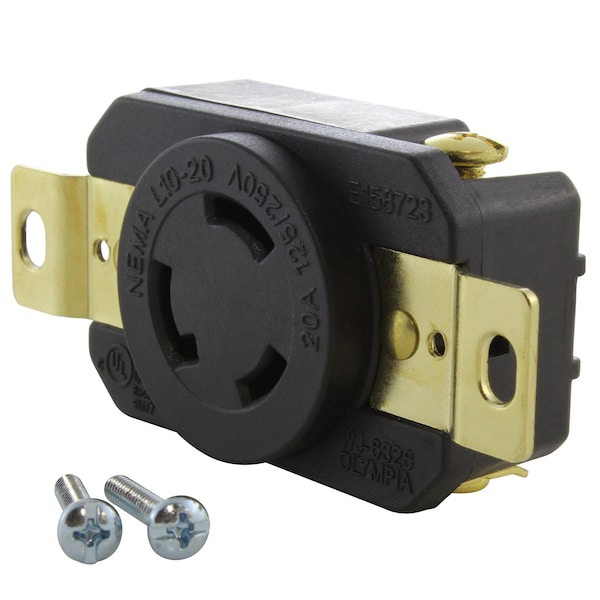 Locking Receptacle, L10-20R, 20 A, 125/250V AC, 3 Pole, Flush Mount, Black